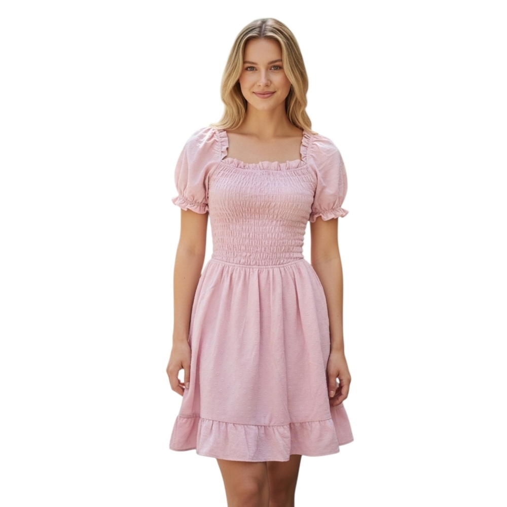 Monteau Los Angeles Dress Womens Med Pink Tired Ruffle Hem Smocked Puff Sleeves